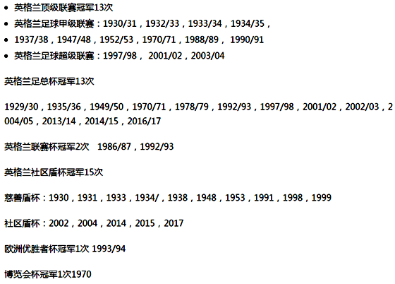 阿森納球隊歷年主要榮譽