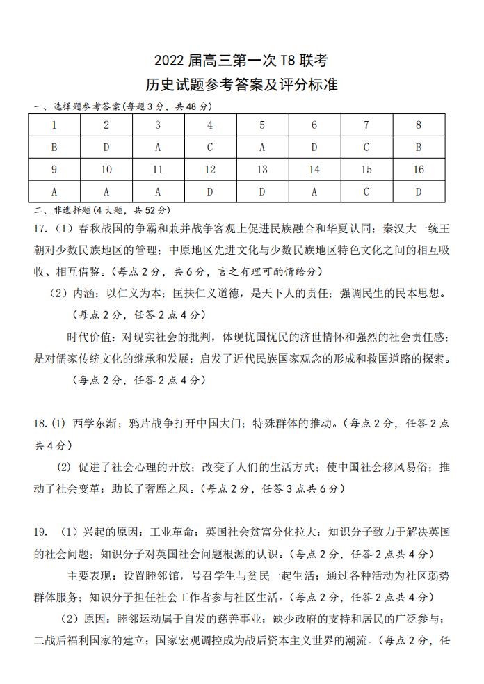 2022年八省聯考(T8聯考)歷史試卷及答案第一頁