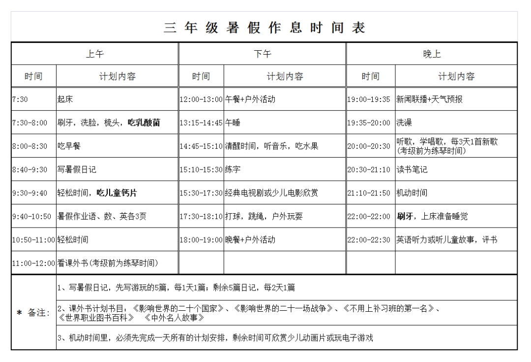小學(xué)三年級(jí)暑假計(jì)劃表模板,小學(xué)三年級(jí)暑假作息時(shí)間表