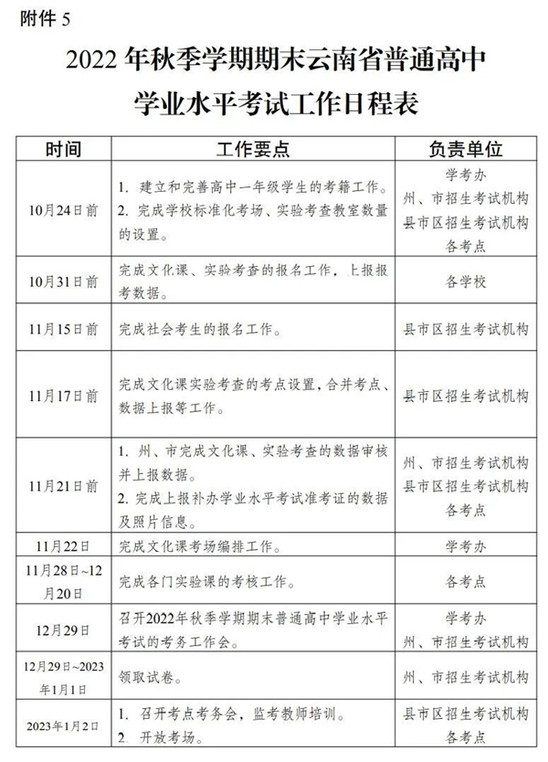 2023年云南高中各科會考時間安排一覽表