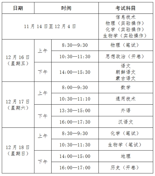 2023年吉林高中各科會(huì)考時(shí)間安排一覽表