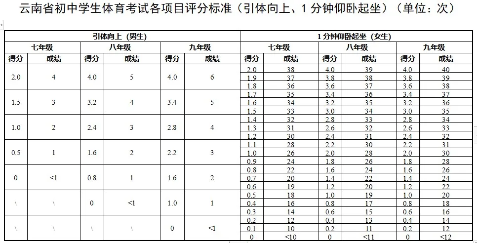 2025年云南中考體育考試項目有哪些,中考體育評分標準